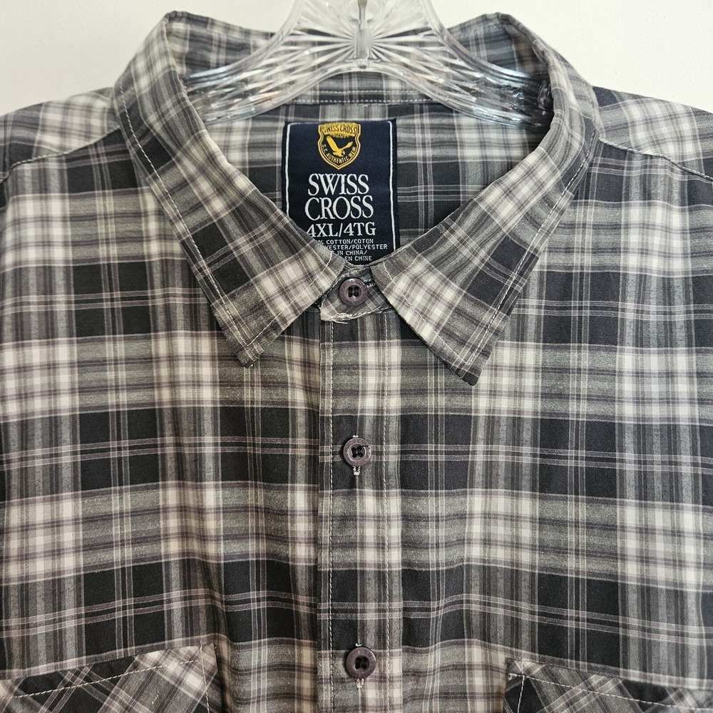Swiss Cross Men's Button Up Gray Plaid Shirt 4XL Long Sleeve Roll Tab Pockets